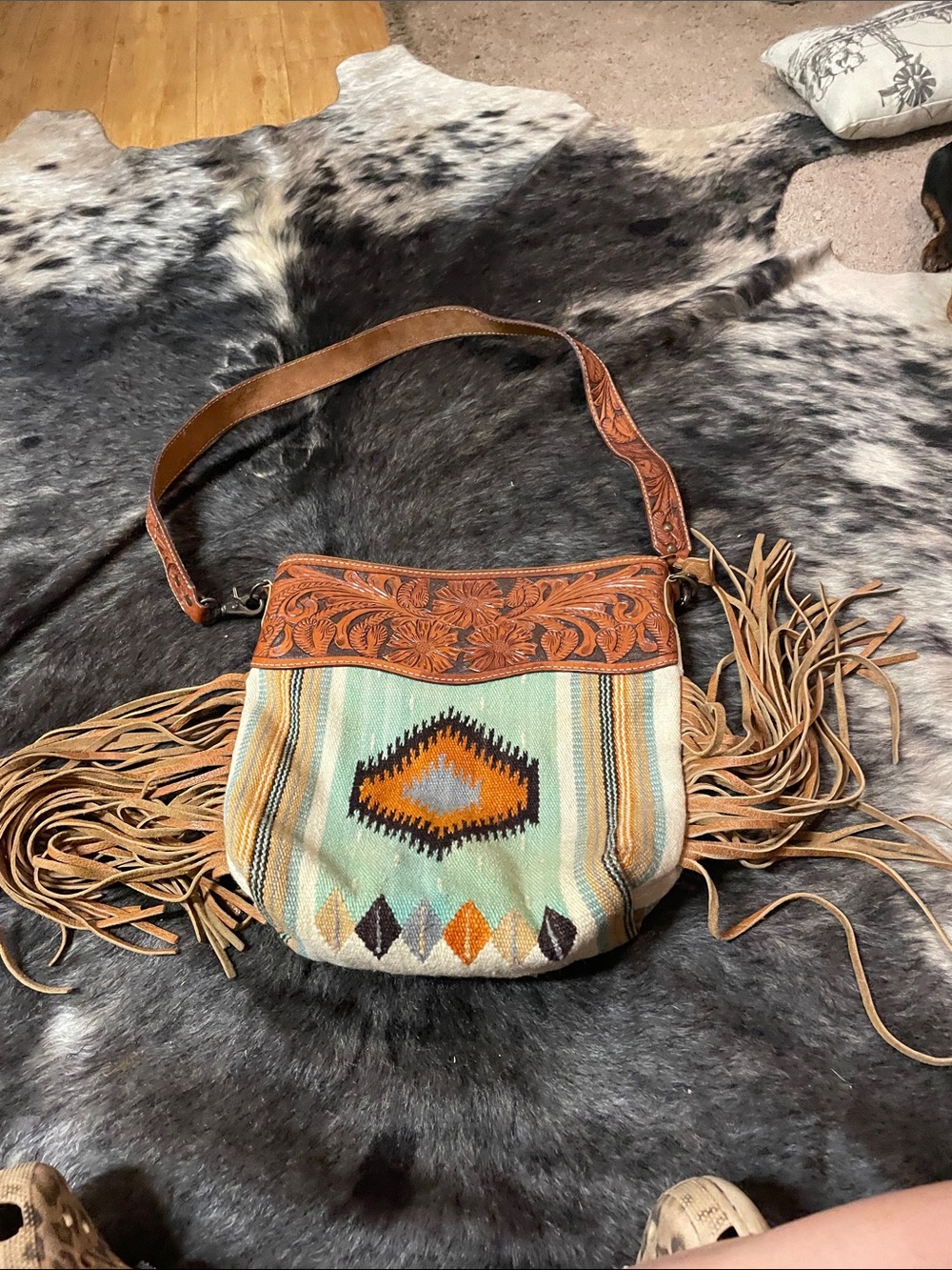 American Darling Turquoise and Tan Fringe Crossbody Bag